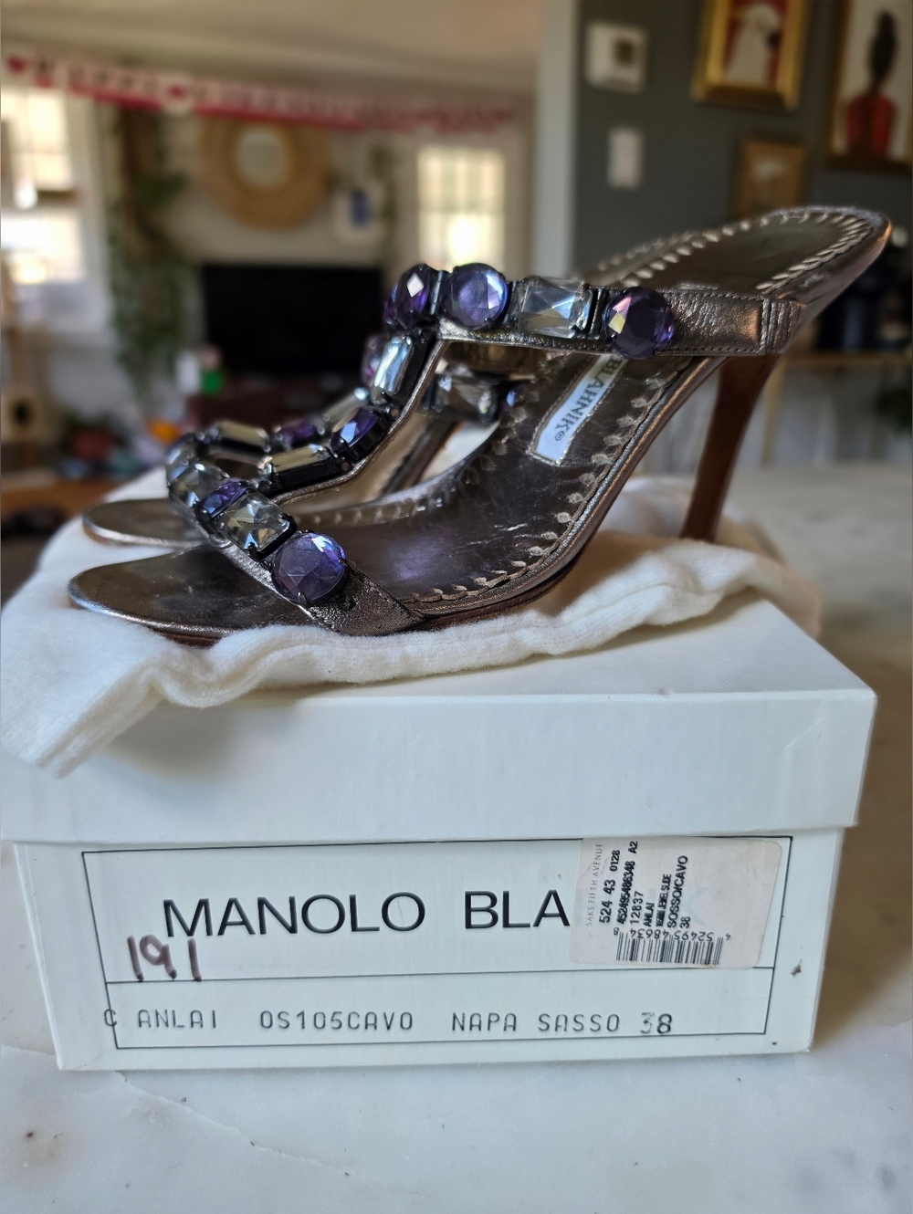 Vintage Manolo Blahnik Anlai Cavo Nappa Sasso Jeweled Thong Heels Size 38/8